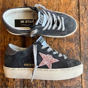 Golden Goose Hi Star Grey Suede Pink Glitter Star Womens platform sneakers 39